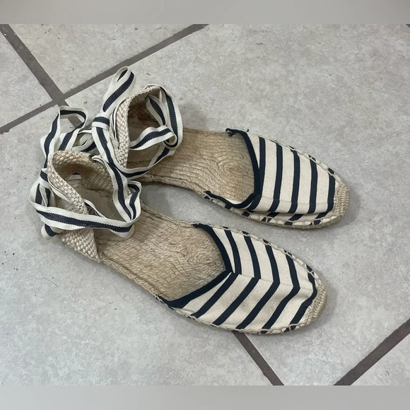 Soludos Cream Black Striped Nautical Strappy Ankle Tie Espadrilles Flats Sz 9.5 - Picture 1 of 13